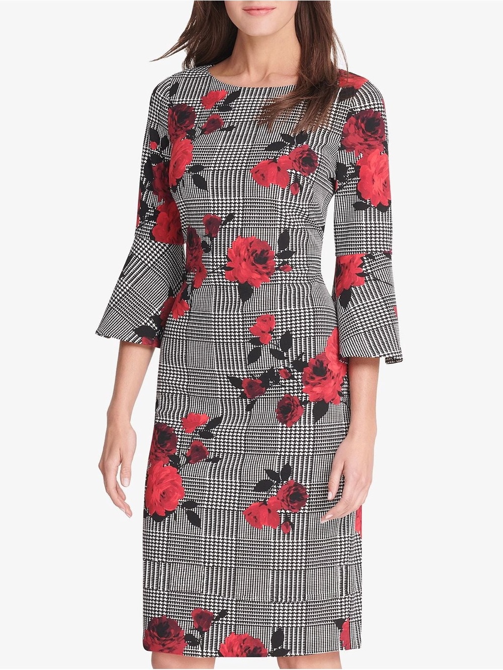 Jessica Howard plaid dress with Red Roses and bell sleeves $128 MSRP sz L